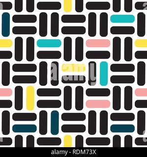 Geometric vector pattern in retro style, modern stylish texture, abstract background. Black, pink, yellow and blue color. Stock Vector