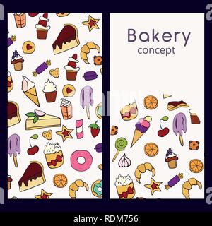 Vector logo design template and seamless pattern in doodle style for packaging. Bakery concept. Vector illustration Stock Vector