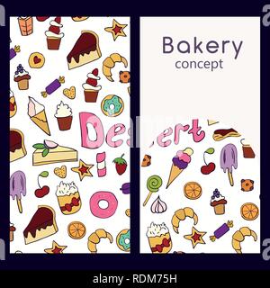 Vector logo design template and seamless pattern in doodle style for packaging. Bakery concept. Vector illustration. Stock Vector