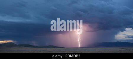 Lightning and heavy rain at dusk over mountains and grasslands in the  remote Bootheel Region of New Mexico during the Summer Monsoon Season Stock Photo