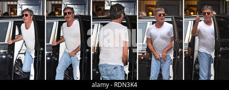 A sequence of photos (in order from left to right) showing Simon Cowell realising his fly was undone as he arrived at Britain's Got Talent auditions at the London Palladium. Stock Photo