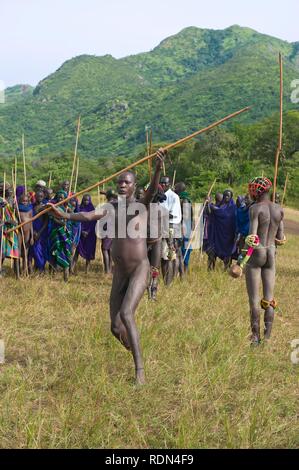 Donga stick fighter, Surma tribe, Tulgit, Omo River Valley, Ethiopia, Africa Stock Photo