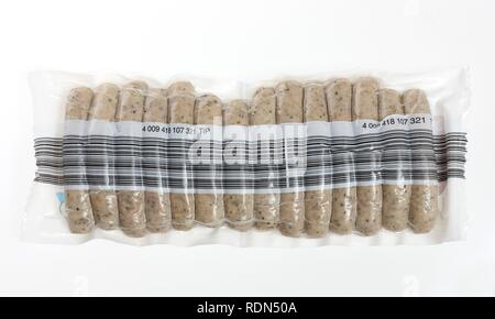 Nuremberg grilled sausages, in transparent package, with a barcode Stock Photo