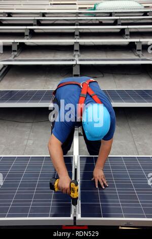 Construction of a large photovoltaic system on several rooftops, 16000 square metres, Gelsenkirchen, North Rhine-Westphalia Stock Photo