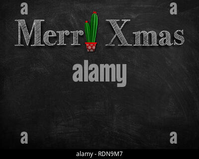 3d illustration rendering of chalk Merry Christmas wishes on blackboard with green cactus decoration Stock Photo