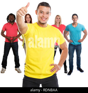 Group of friends success thumbs up successful square young people isolated on a white background Stock Photo