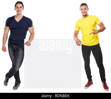 Young men showing pointing copyspace marketing ad advert empty blank sign isolated on a white background Stock Photo