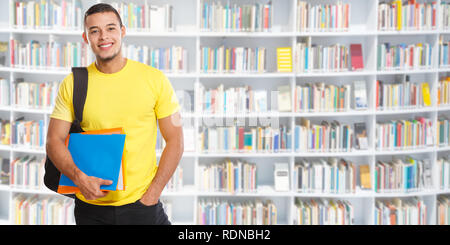 Student young man portrait library learning smiling banner people learn Stock Photo