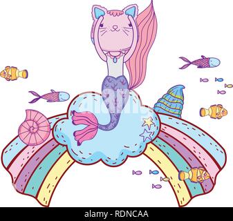 purrmaid with clouds and rainbow undersea Stock Vector