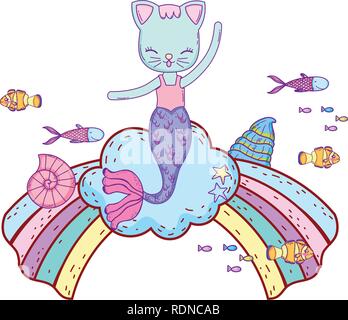 purrmaid with clouds and rainbow undersea Stock Vector