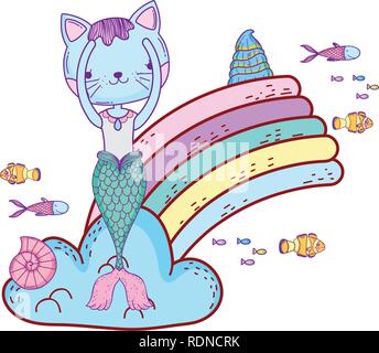 purrmaid with clouds and rainbow undersea Stock Vector