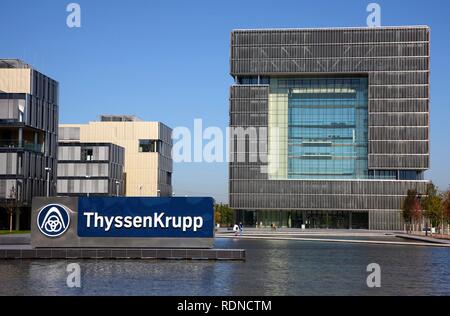 The cube-shaped Q1 building, newly built ThyssenKrupp AG headquarters in the west of Essen, in the so-called Krupp-Guertel area Stock Photo