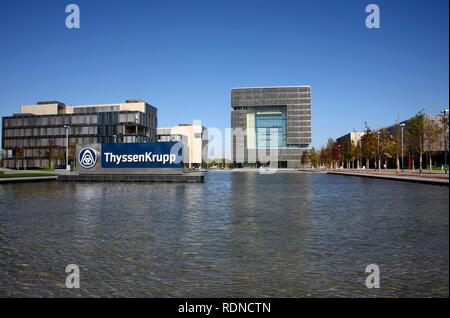 The cube-shaped Q1 building, newly built ThyssenKrupp AG headquarters in the west of Essen, in the so-called Krupp-Guertel area Stock Photo