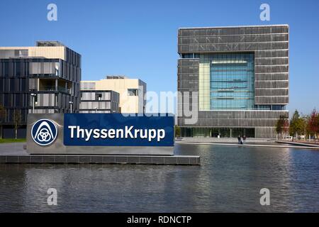 The cube-shaped Q1 building, newly built ThyssenKrupp AG headquarters in the west of Essen, in the so-called Krupp-Guertel area Stock Photo