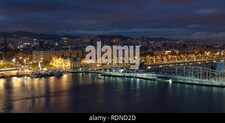 Port Port Vell, Rambla de Mar harbour promenade, dusk, Barcelona, Catalonia, Spain Stock Photo