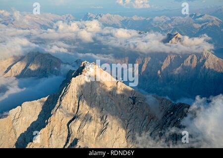 Aerial view of Zugspitze Mountain and neighbouring peaks, the Alps, Bavaria Stock Photo
