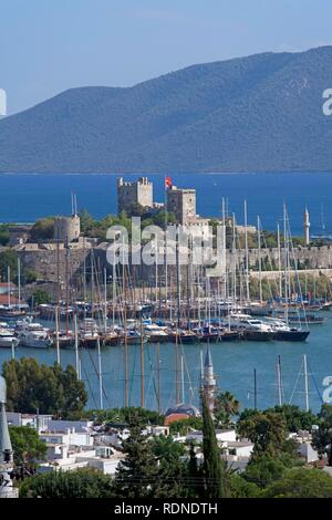 Castle and marina, Bodrum, Turkish Aegean, Turkey, Asia Stock Photo