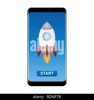 rocket in a smartphone with start button vector illustration EPS10 Stock Vector