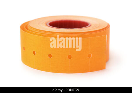 Orange sticky labels roll isolated on white Stock Photo