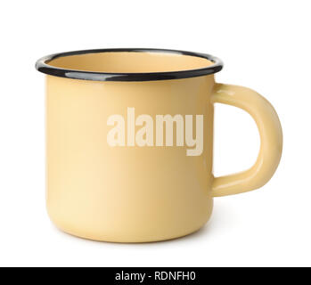 Side view of  blank yellow enamel coffee mug isolated on white Stock Photo