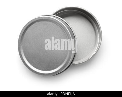 Top view of empty metal round container isolated on white Stock Photo