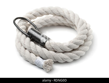 Rolled climbing gym exercise rope isolated on white Stock Photo