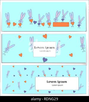 Set illustration horizontal banner happy character grey Bunny holding heart, hare on blue background for printed materials, postcard greeting, festive menu, card flyer, banner Stock Vector