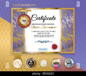 Official purple gold certificate. Set of luxury ebmlems Stock Vector