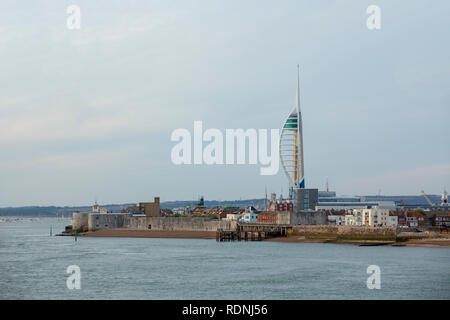 Old Portsmouth skyline from the sea. Entrance to the harbour including round tower with the Millennium tower behind. Stock Photo