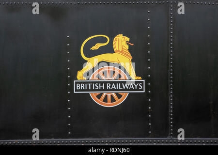 British Railways Cycling Lion logo on authentic black locomotive panel. A common sight on rolling stock from 1948 to 1956. Stock Photo