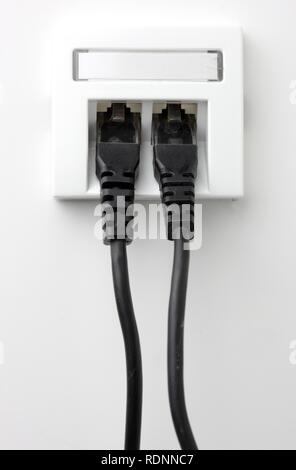 LAN cable, network cable in a socket, for connecting computers to a network Stock Photo