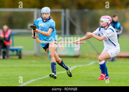 Marine Harvest Scotland v Dublin shinty camogie challenge match, played at The Bught, Inverness. Stock Photo