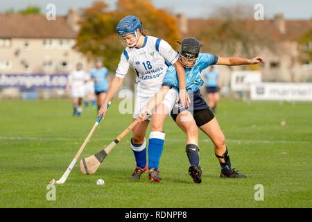 Marine Harvest Scotland v Dublin shinty camogie challenge match, played at The Bught, Inverness. Stock Photo