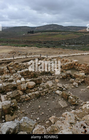 Ruins of a fortified residential building from the Byzantine period 5th-6th century CE in the archaeological site of Tel Shiloh (Khirbet Seilun) an ancient city in Samaria which was the major Israelite worship centre before the first Temple was built in Jerusalem located in the West Bank, Israel. Stock Photo