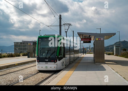 Modern metro train in the station Andalucia Tech, Malaga city, Spain Stock Photo