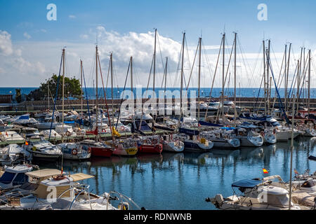 Malaga, Sailboat in the harbor at the Pier, Palmeral de las Sorpresas ...