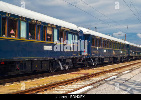 The legendary Venice Simplon Orient Express is ready to depart from Ruse Railway station. The luxury train travels between Paris and Istanbul. Stock Photo