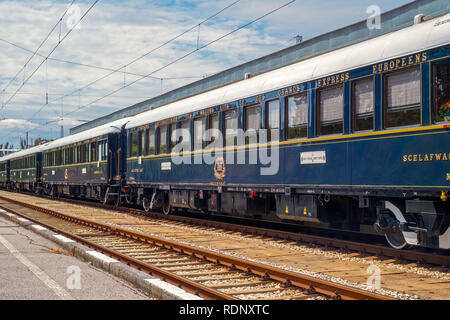 The legendary Venice Simplon Orient Express is ready to depart from Ruse Railway station. The luxury train travels between Paris and Istanbul. Stock Photo