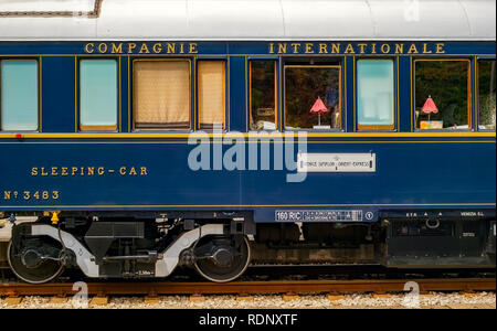 The legendary Venice Simplon Orient Express is ready to depart from Ruse Railway station. The luxury train travels between Paris and Istanbul. Stock Photo