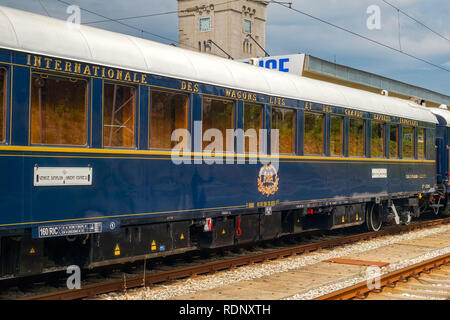 The legendary Venice Simplon Orient Express is ready to depart from Ruse Railway station. The luxury train travels between Paris and Istanbul. Stock Photo