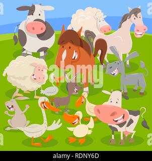 Cartoon Illustration of Farm Animal Characters Group on the Meadow Stock Vector