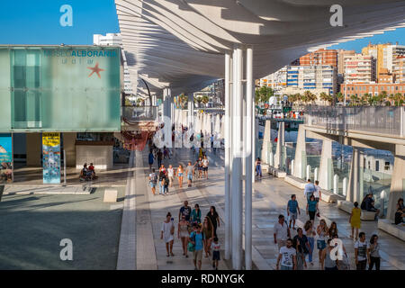 Malaga, Spain - July 1, 2018. Waterfront promenade with a pergola at Muelle Uno in the port of Malaga city, Andalucia region, Spain, Western Europe. Stock Photo