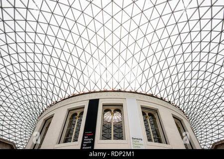 LONDON, UK - The Queen Elizabeth II Great Court, or Great Court, a covered qandrangle at the heart of the British Museum. The British Museum, in London, is one of the largest and most comprehensive of the world's museums. It is dedicated to human history, art, and culture, and was established in 1753. The British Museum in London houses a vast collection of world art and artifacts, reflecting human history, culture, and civilizations from around the globe. Stock Photo