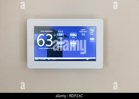 Electronic thermostat with blue LCD screen for controlling air conditioning  and heating HVAC Stock Photo - Alamy