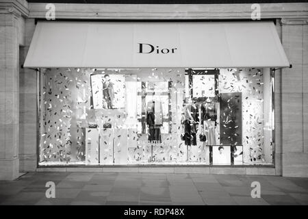LONDON, UNITED KINGDOM - MAY 18, 2018: Congratulation message from Christian Dior fashion boutique to  HRH Prince Harry of Wales KCVO and Ms Meghan Markle flagship store on Regent street for Royal Wedding black and white
