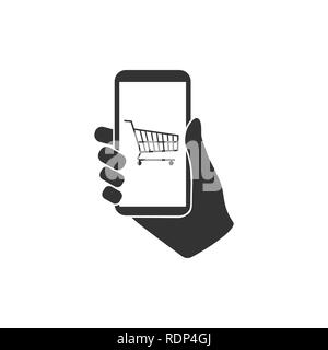 Hand, smartphone, online shopping icon Flat design Vector Stock Vector