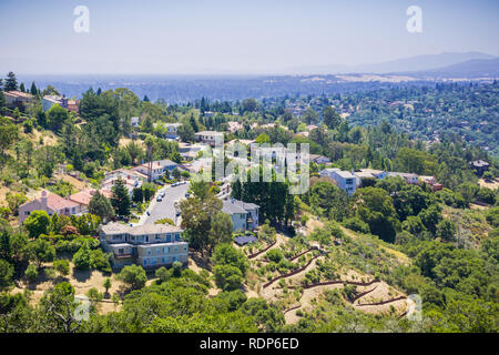 Aerial view of residential neighborhood on top of a hill near Pulgas Ridge OSP, San Carlos, San Francisco bay area, California Stock Photo