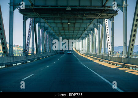 Driving on Richmond - San Rafael bridge (John F. McCarthy Memorial Bridge), San Francisco bay, California Stock Photo