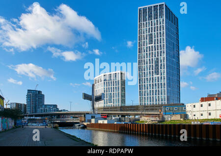 The new Sky View Tower buildings on the River Lee, near Bow, East London UK Stock Photo