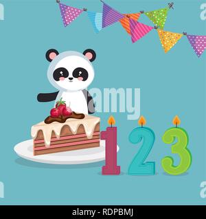 cute bear panda with cake and candles vector illustration design Stock Vector